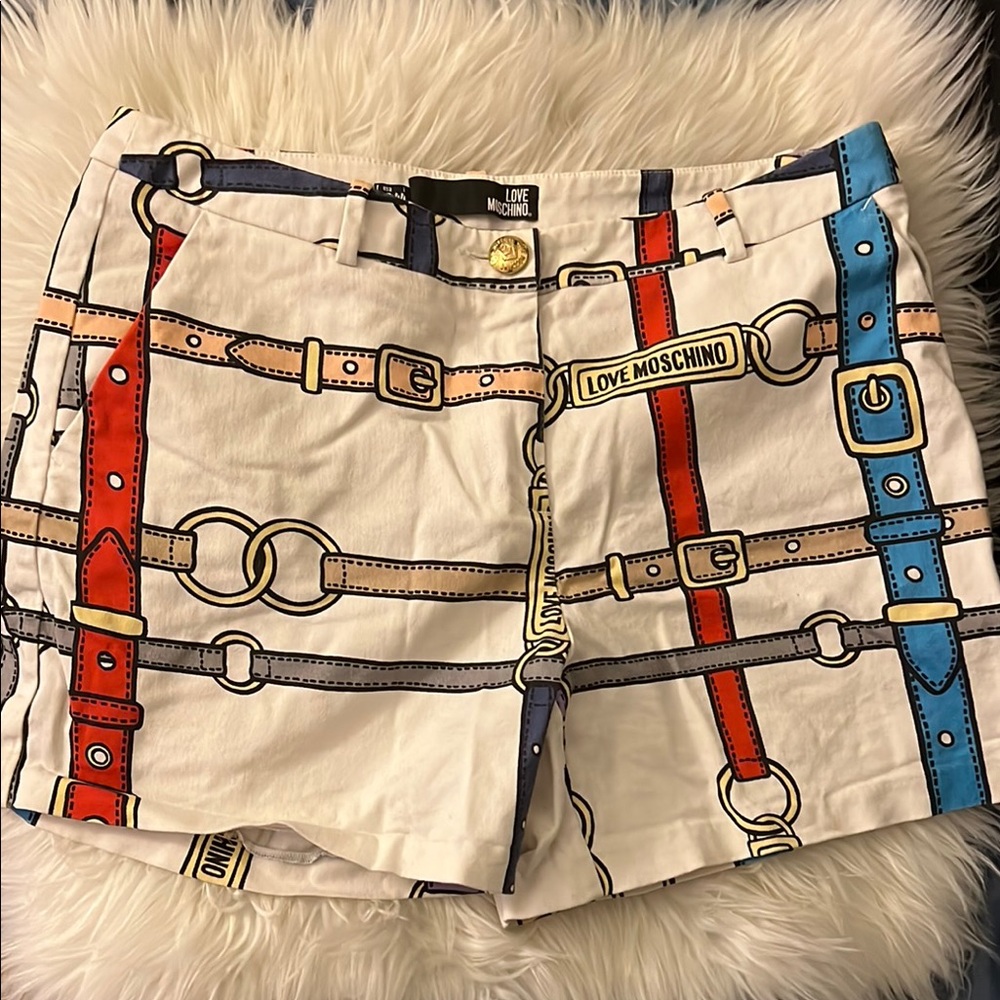 Love Moschino High Waist Belt Print Shorts - Red, Blue, Tan